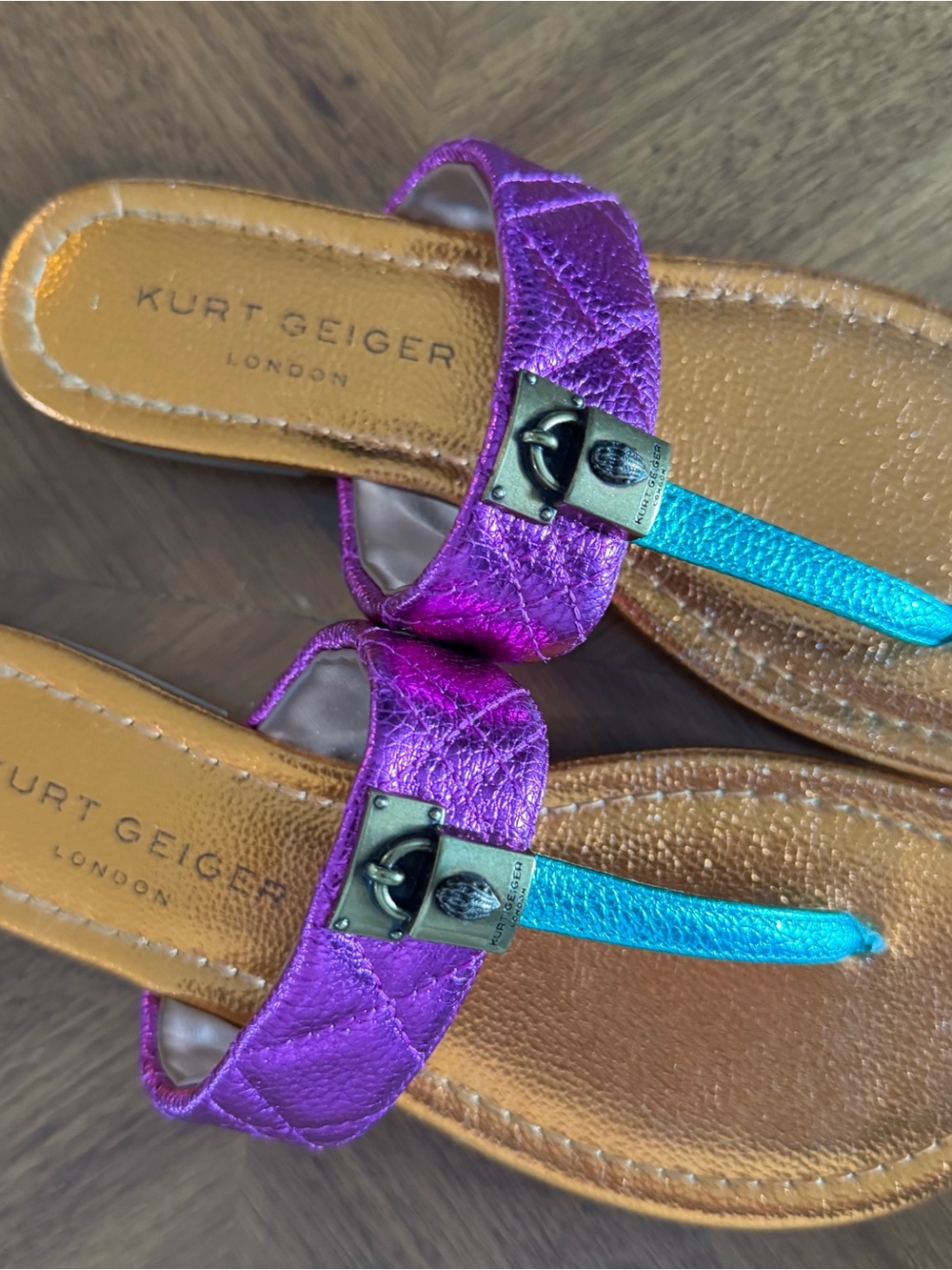 Kurt Geiger Metallic Purple and Teal Leather Thong Sandals